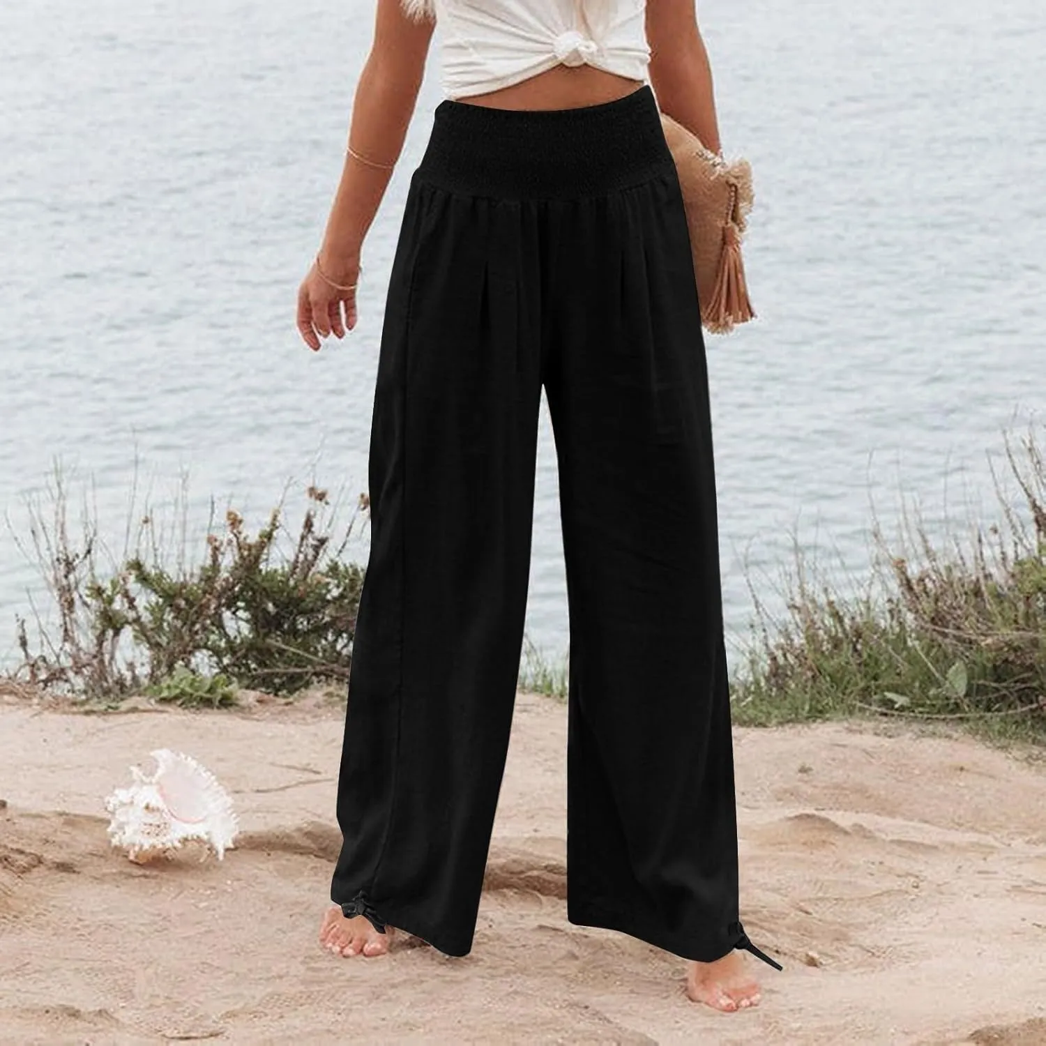 Women Boho Pants Summer Wide Leg Elastic High Waist Smocked Palazzo Pants Loose Cotton Linen Trousers with Pockets