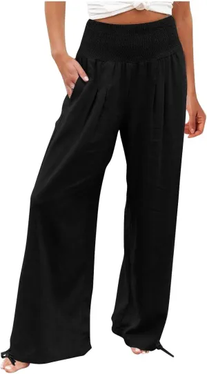 Women Boho Pants Summer Wide Leg Elastic High Waist Smocked Palazzo Pants Loose Cotton Linen Trousers with Pockets