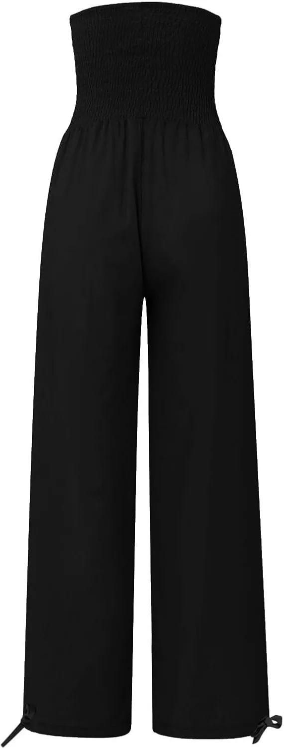 Women Boho Pants Summer Wide Leg Elastic High Waist Smocked Palazzo Pants Loose Cotton Linen Trousers with Pockets