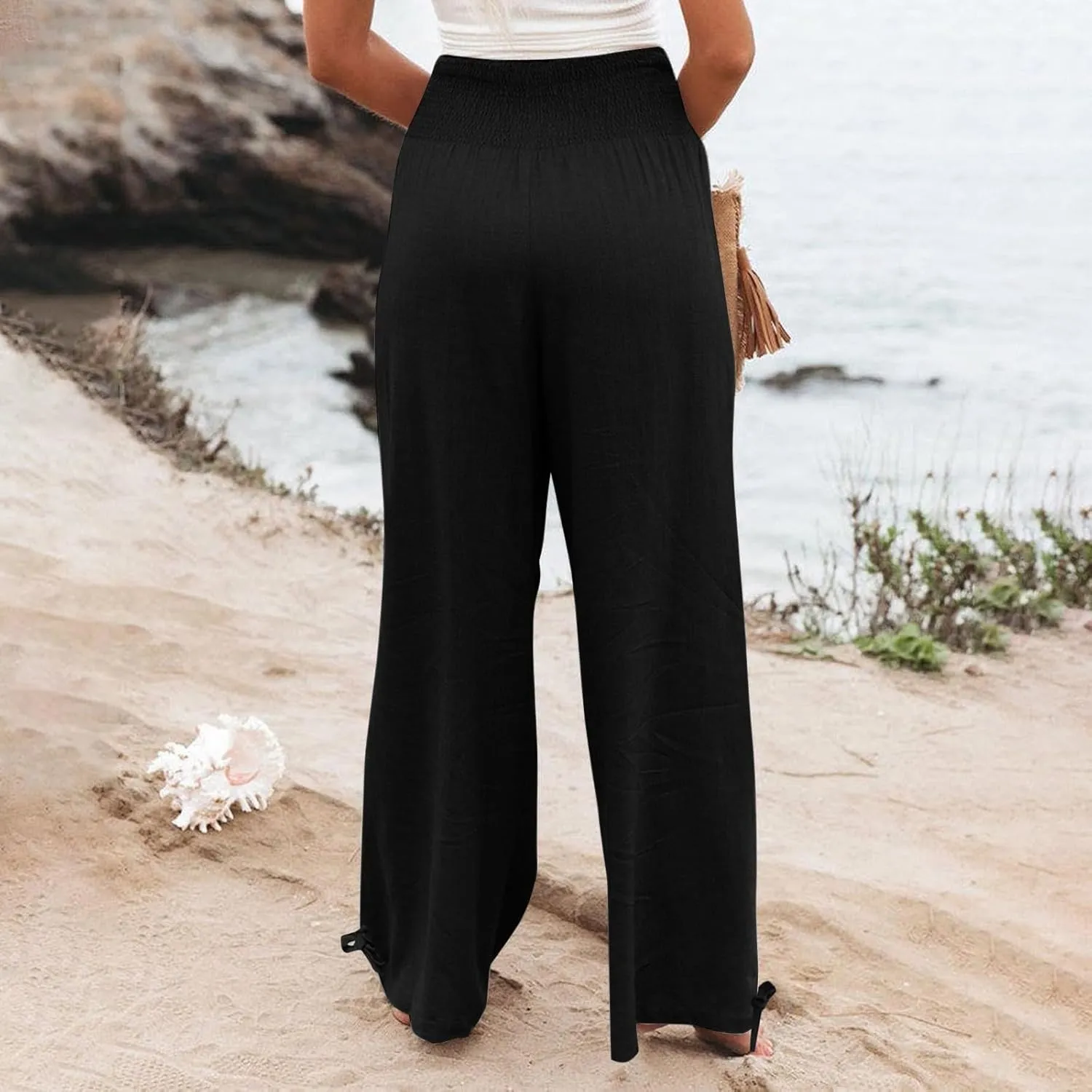 Women Boho Pants Summer Wide Leg Elastic High Waist Smocked Palazzo Pants Loose Cotton Linen Trousers with Pockets