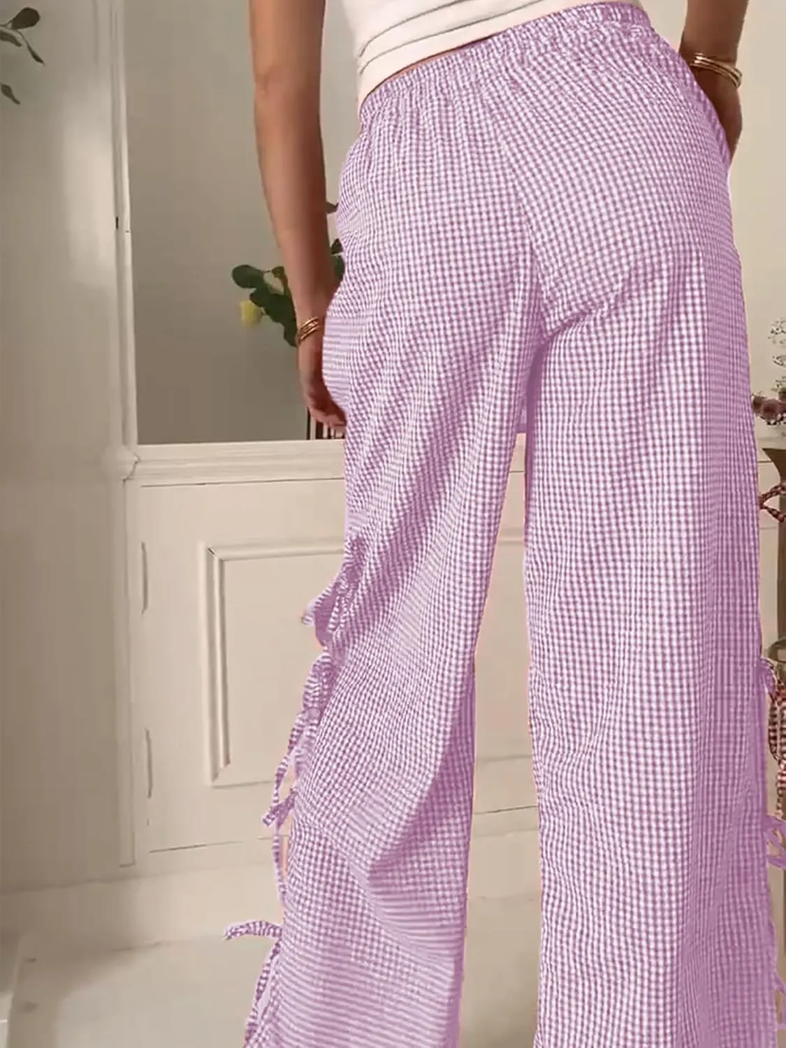 Women Bow Tie Side Split Wide Leg Y2k Plaid Pants High Waist Print Lounge Pants Trousers