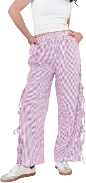 Women Bow Tie Side Split Wide Leg Y2k Plaid Pants High Waist Print Lounge Pants Trousers