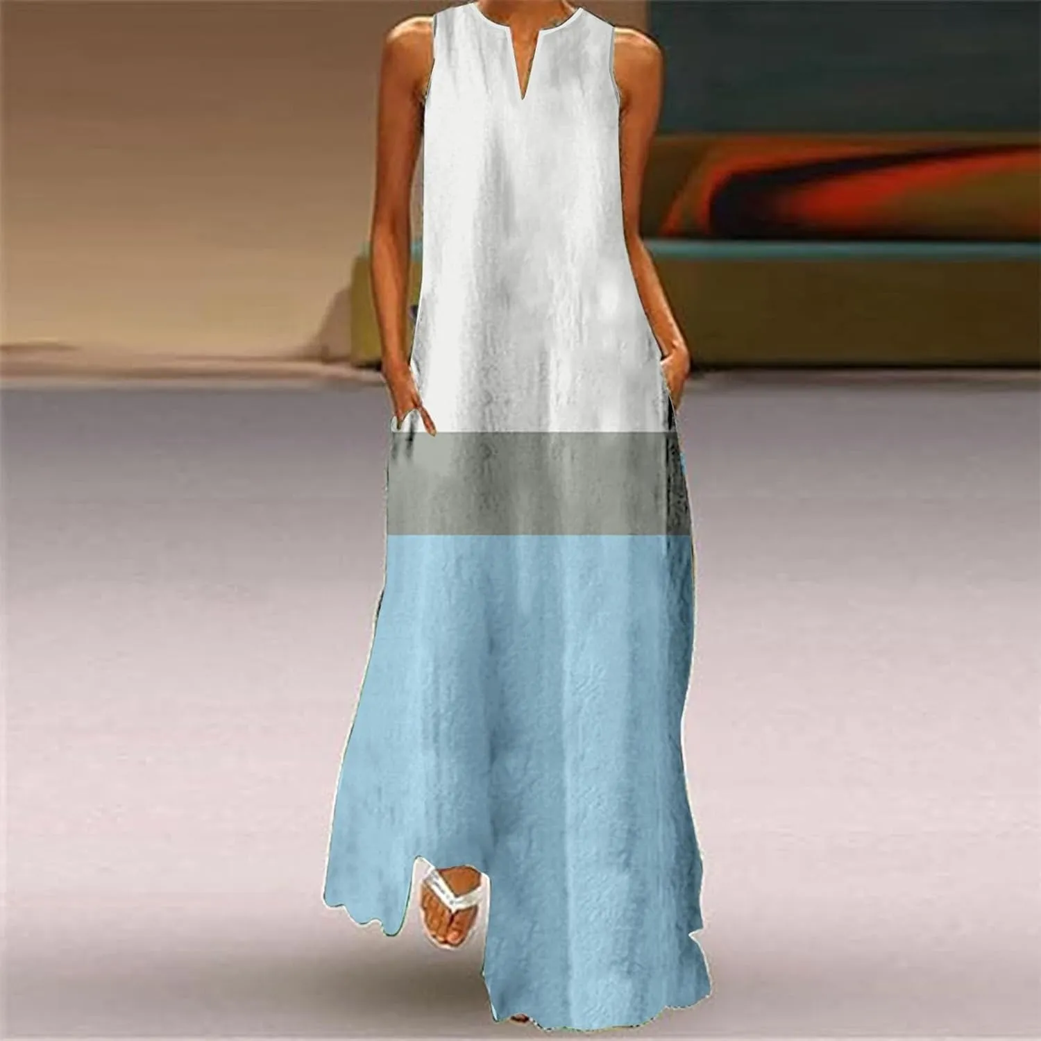 Women Casual Baggy Sundress Sleeveless V Neck Maxi Long Beach Shirt Dress Travel Vacation 2025 Summer Loose Outfits