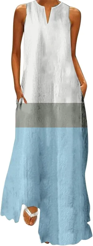 Women Casual Baggy Sundress Sleeveless V Neck Maxi Long Beach Shirt Dress Travel Vacation 2025 Summer Loose Outfits