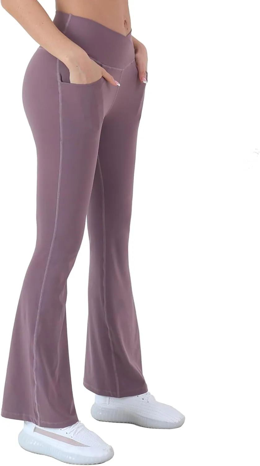 Women Flare Leggings with Side Pockets,Crossover Yoga Pants Bootleg High Waisted Stretchy Control Gym Workout Pants