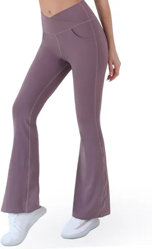 Women Flare Leggings with Side Pockets,Crossover Yoga Pants Bootleg High Waisted Stretchy Control Gym Workout Pants