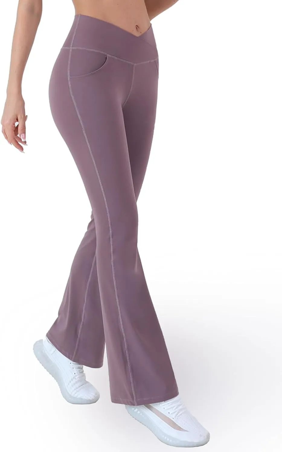 Women Flare Leggings with Side Pockets,Crossover Yoga Pants Bootleg High Waisted Stretchy Control Gym Workout Pants