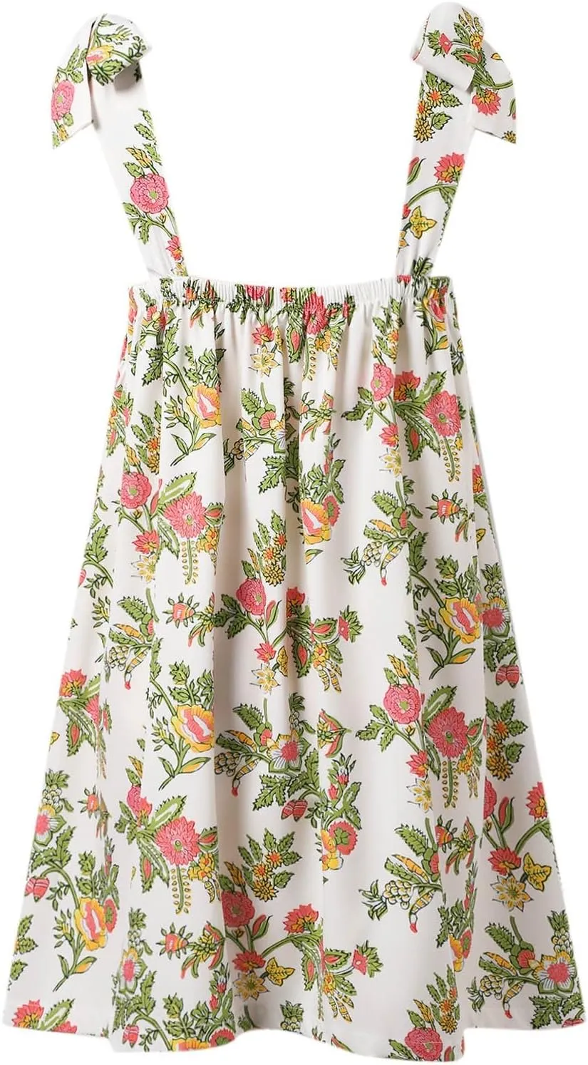Women Floral Tie Shoulder Mini Dress Cute Square Neck Loose Fit Beach Short Dress Swing Backless Boho Vocation Sundress
