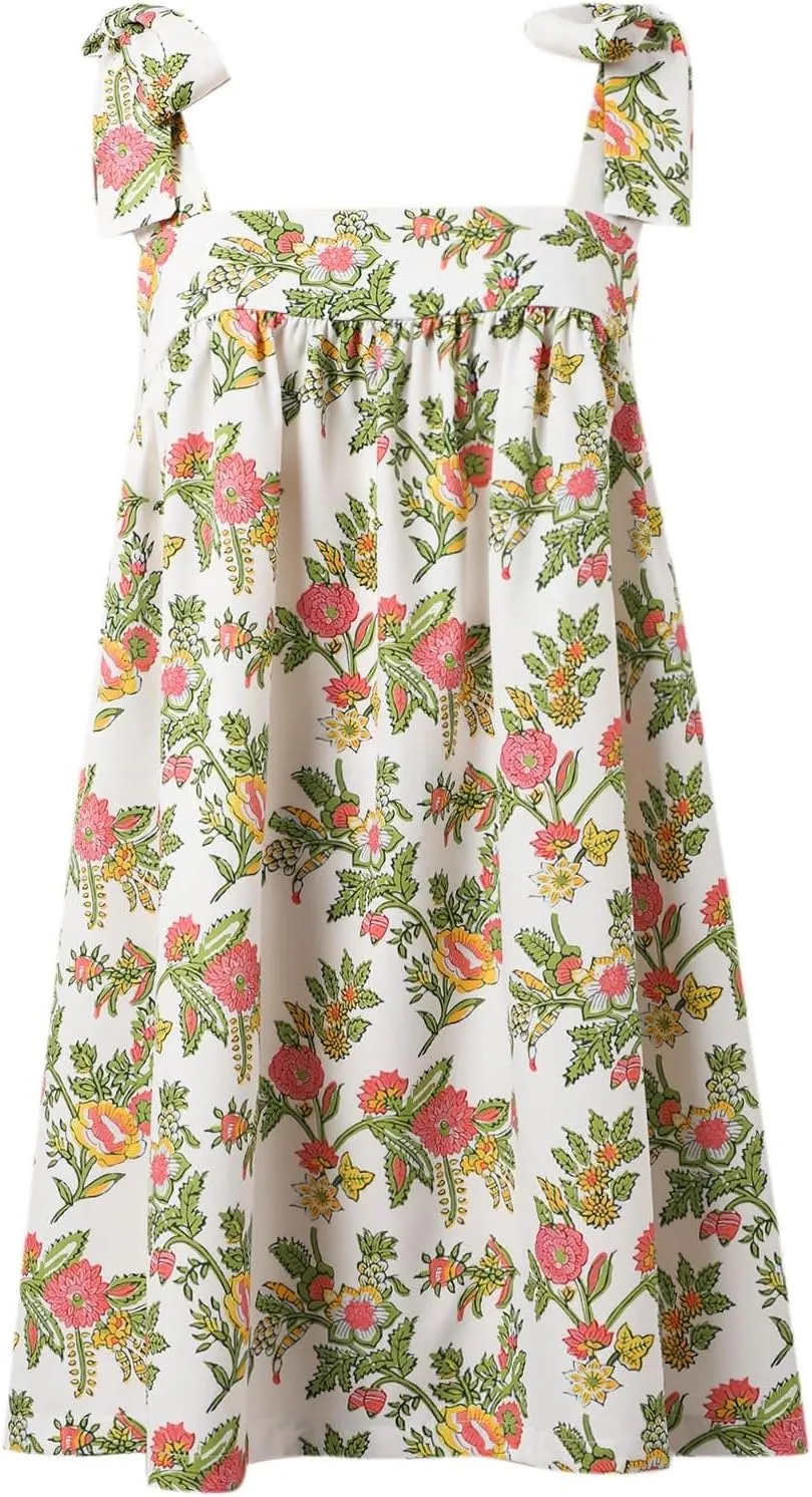 Women Floral Tie Shoulder Mini Dress Cute Square Neck Loose Fit Beach Short Dress Swing Backless Boho Vocation Sundress