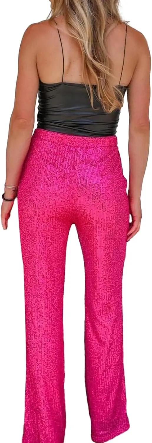 Women Sequins Trousers Wide Leg Shiny Loose Casual Elastic High Waist Glitter Hot Pants Concert Outfits