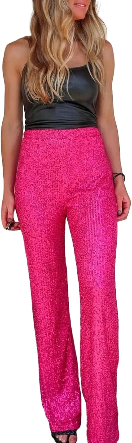 Women Sequins Trousers Wide Leg Shiny Loose Casual Elastic High Waist Glitter Hot Pants Concert Outfits