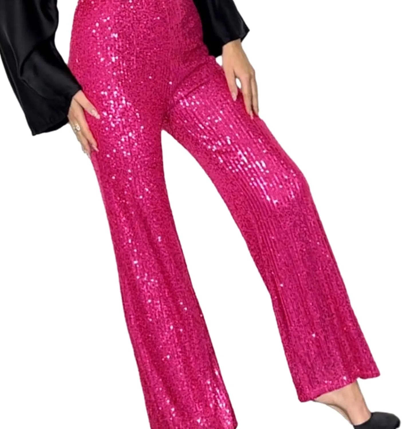 Women Sequins Trousers Wide Leg Shiny Loose Casual Elastic High Waist Glitter Hot Pants Concert Outfits