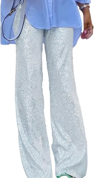 Women Sequins Trousers Wide Leg Shiny Loose Casual Elastic High Waist Glitter Hot Pants Concert Outfits