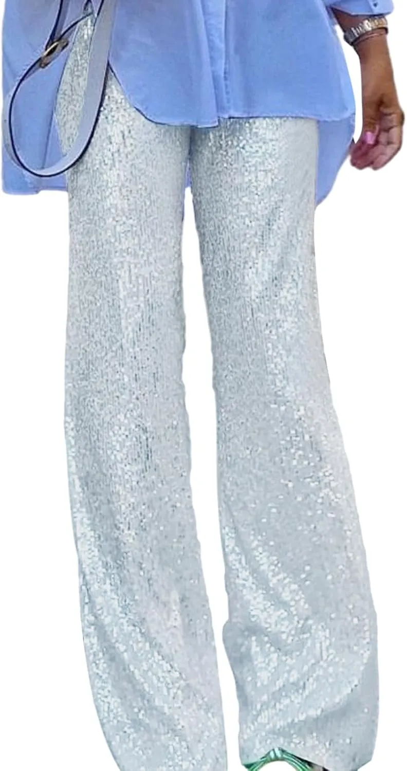 Women Sequins Trousers Wide Leg Shiny Loose Casual Elastic High Waist Glitter Hot Pants Concert Outfits