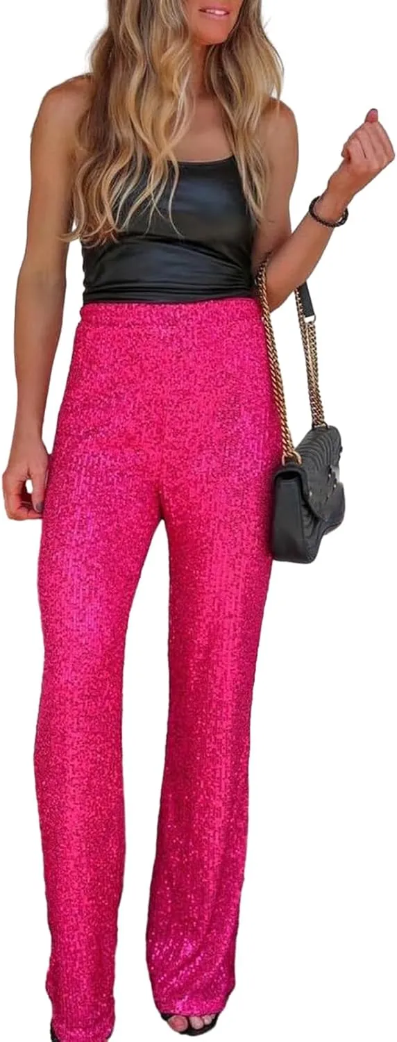 Women Sequins Trousers Wide Leg Shiny Loose Casual Elastic High Waist Glitter Hot Pants Concert Outfits