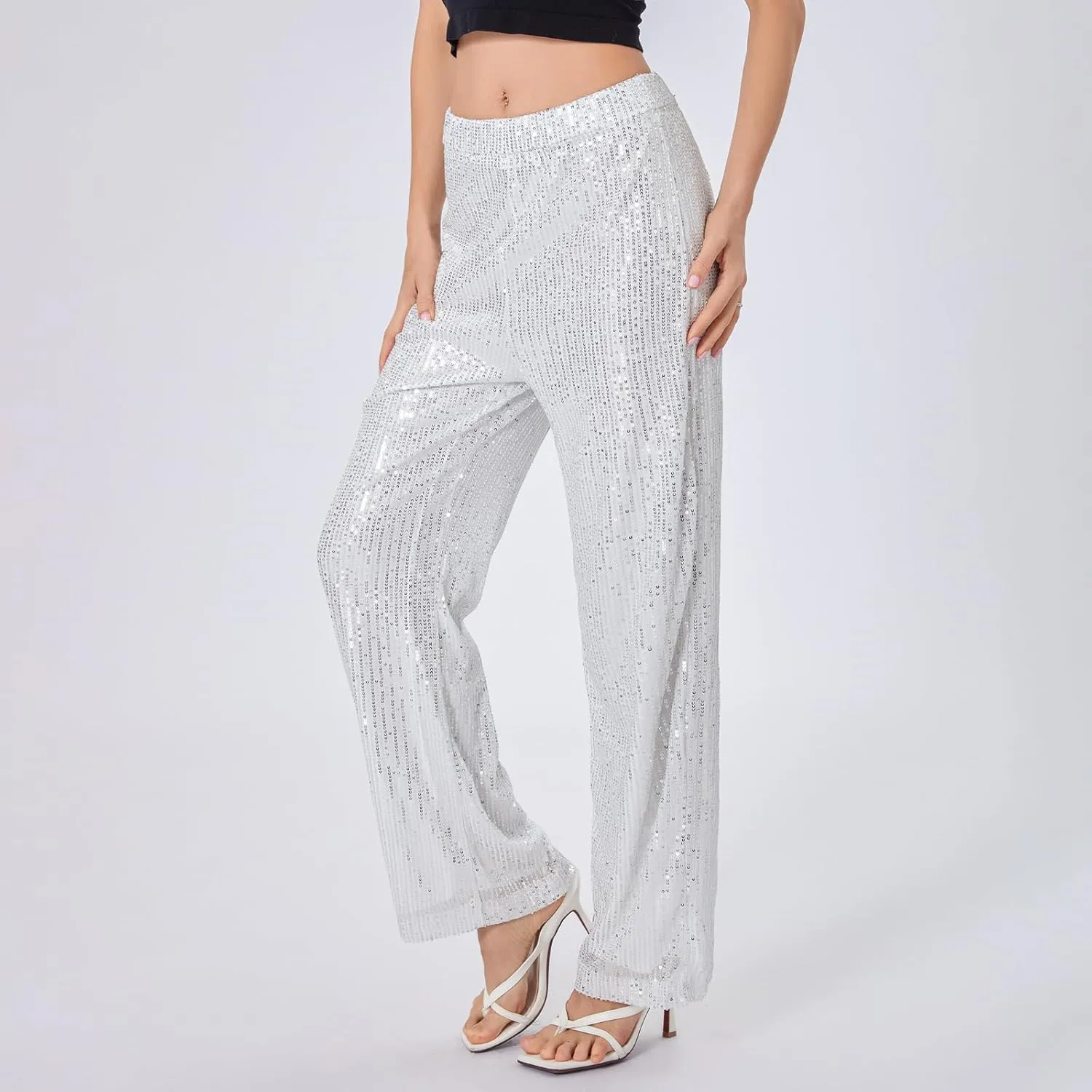 Women Sequins Trousers Wide Leg Shiny Loose Casual Elastic High Waist Glitter Hot Pants Concert Outfits