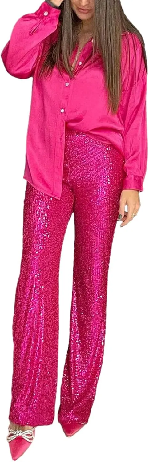 Women Sequins Trousers Wide Leg Shiny Loose Casual Elastic High Waist Glitter Hot Pants Concert Outfits