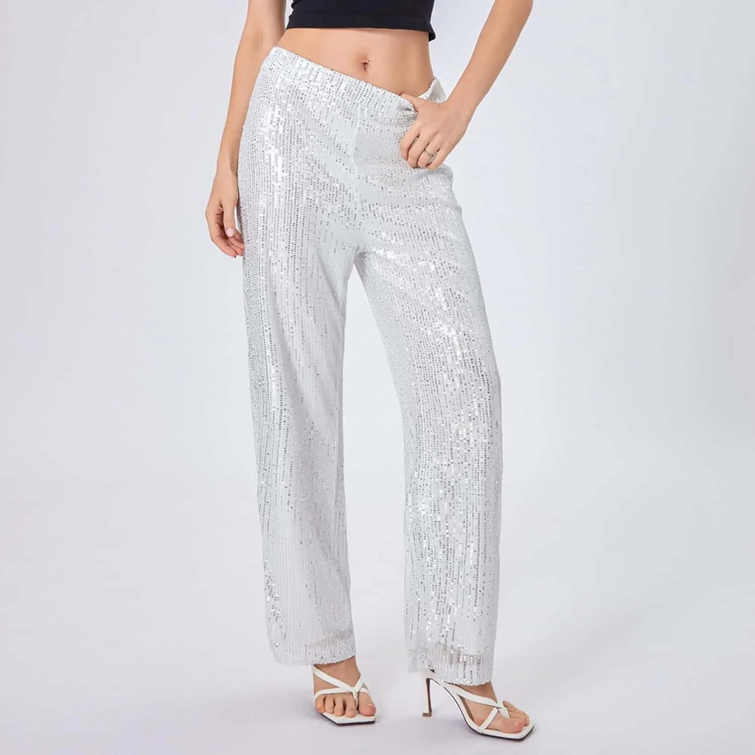Women Sequins Trousers Wide Leg Shiny Loose Casual Elastic High Waist Glitter Hot Pants Concert Outfits