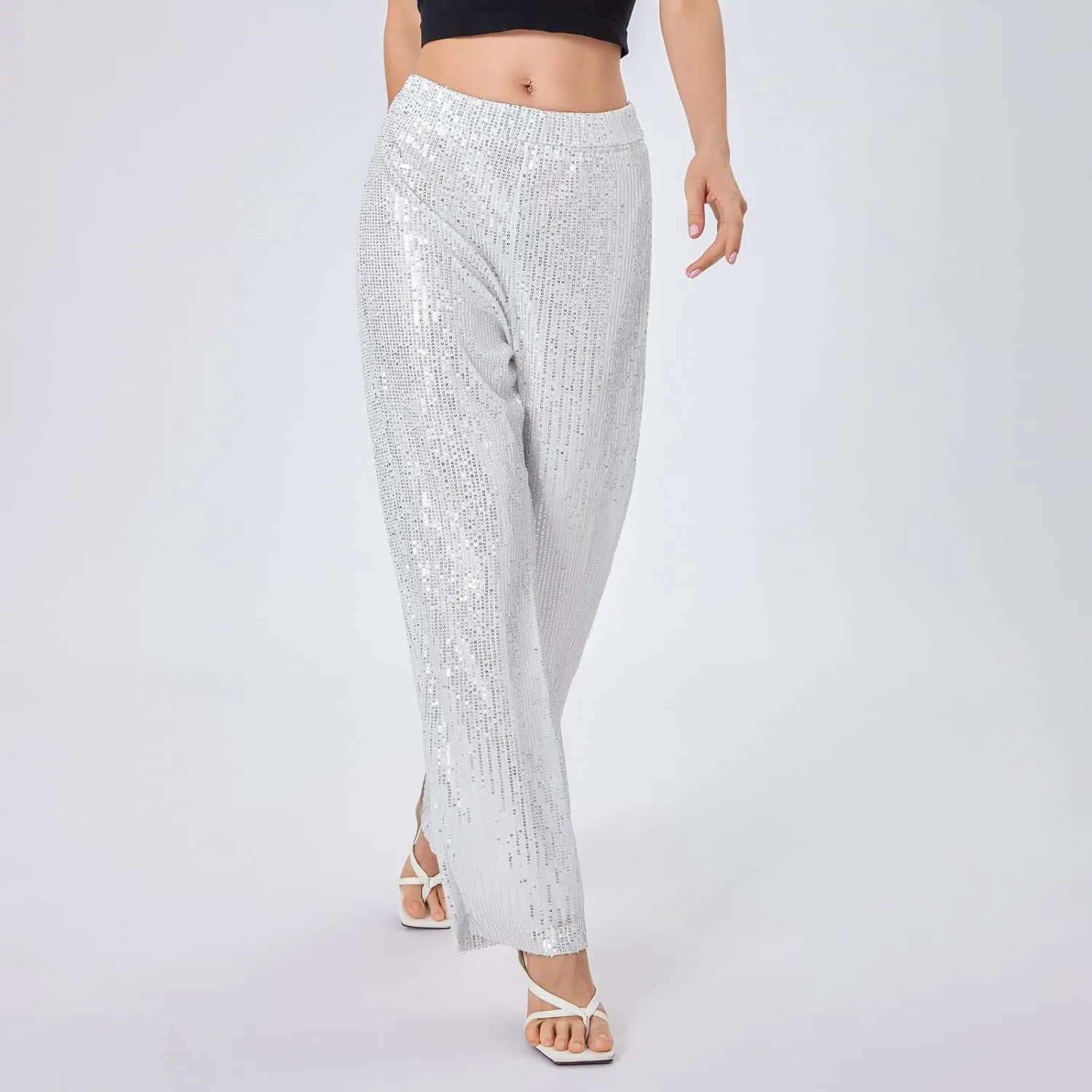 Women Sequins Trousers Wide Leg Shiny Loose Casual Elastic High Waist Glitter Hot Pants Concert Outfits