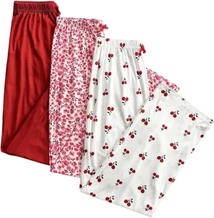 Women's 3 Pack Cherry Print Pajama Pants Floral Bow Front Comfy Bottom Lounge Pants Sleepwear Homewear