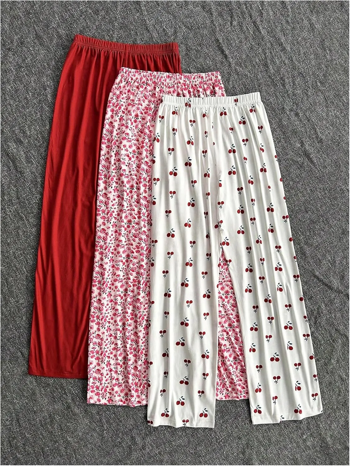 Women's 3 Pack Cherry Print Pajama Pants Floral Bow Front Comfy Bottom Lounge Pants Sleepwear Homewear