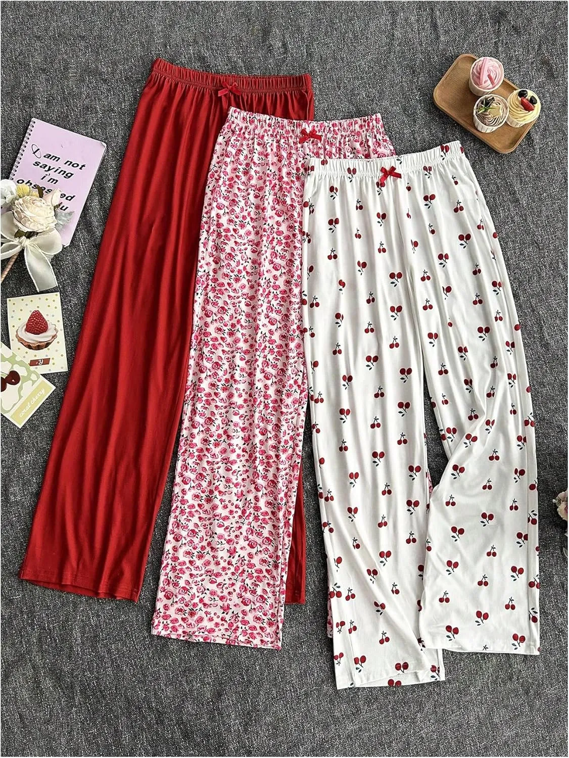 Women's 3 Pack Cherry Print Pajama Pants Floral Bow Front Comfy Bottom Lounge Pants Sleepwear Homewear