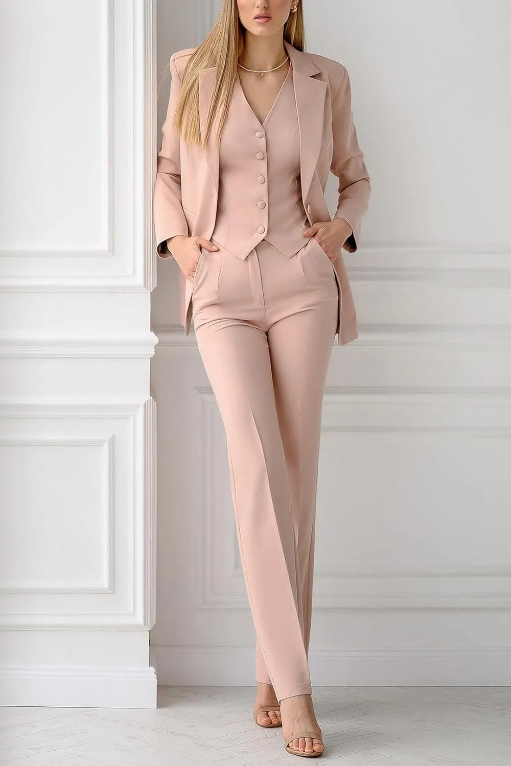 Women's 3 Piece Suit Double Breasted Slim Fit Vest Lady Business Suit Office Work Formal Two Button Blazer Suit Pants Set