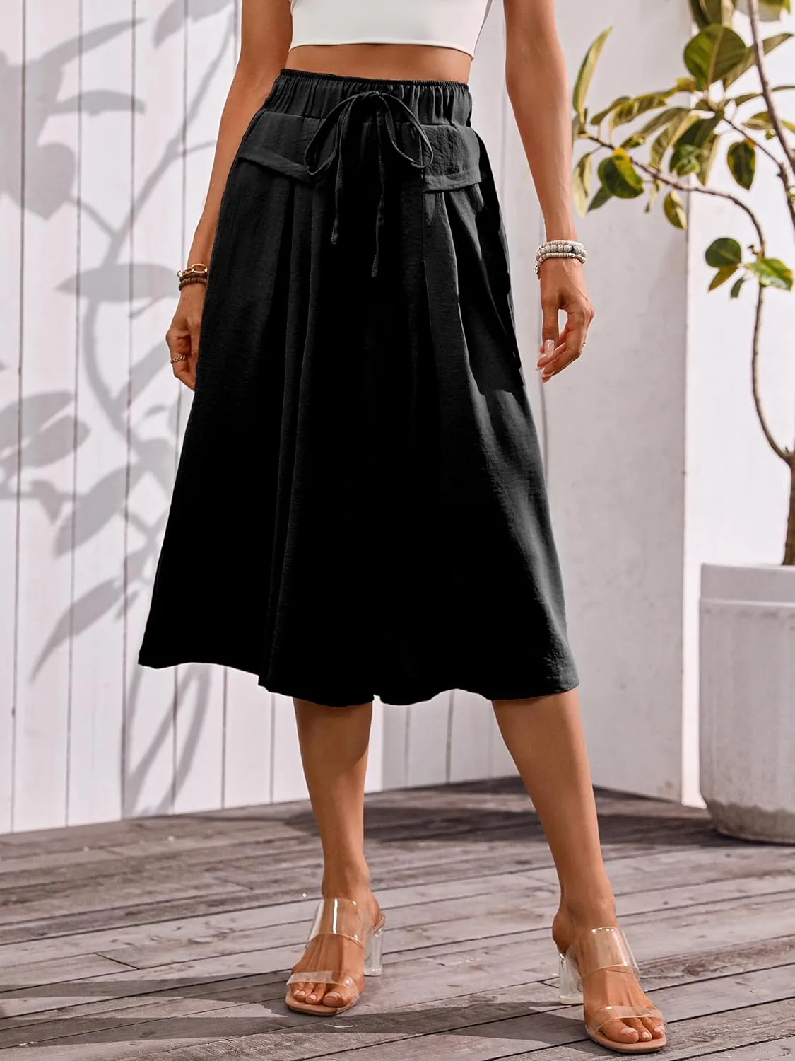 Womens 3/4 Pants Loose High Waisted Wide Leg Lounge Cropped Pants Drawstring Casual Palazzo Trousers with Pockets
