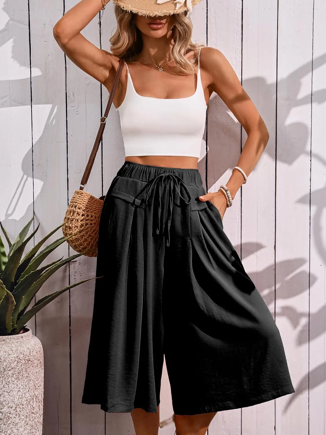 Womens 3/4 Pants Loose High Waisted Wide Leg Lounge Cropped Pants Drawstring Casual Palazzo Trousers with Pockets