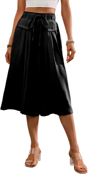 Womens 3/4 Pants Loose High Waisted Wide Leg Lounge Cropped Pants Drawstring Casual Palazzo Trousers with Pockets