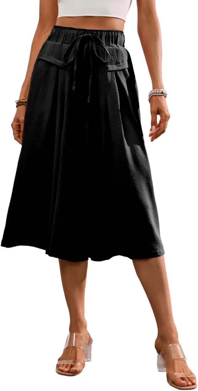Womens 3/4 Pants Loose High Waisted Wide Leg Lounge Cropped Pants Drawstring Casual Palazzo Trousers with Pockets
