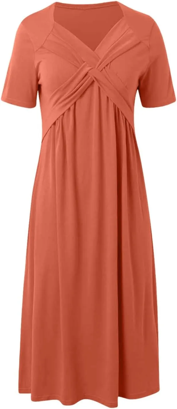 Women's A Line Midi Dress Short Sleeve V-Neck Flowy Casual Summer Dresses Beach Vacation Boho Dresses with Pockets