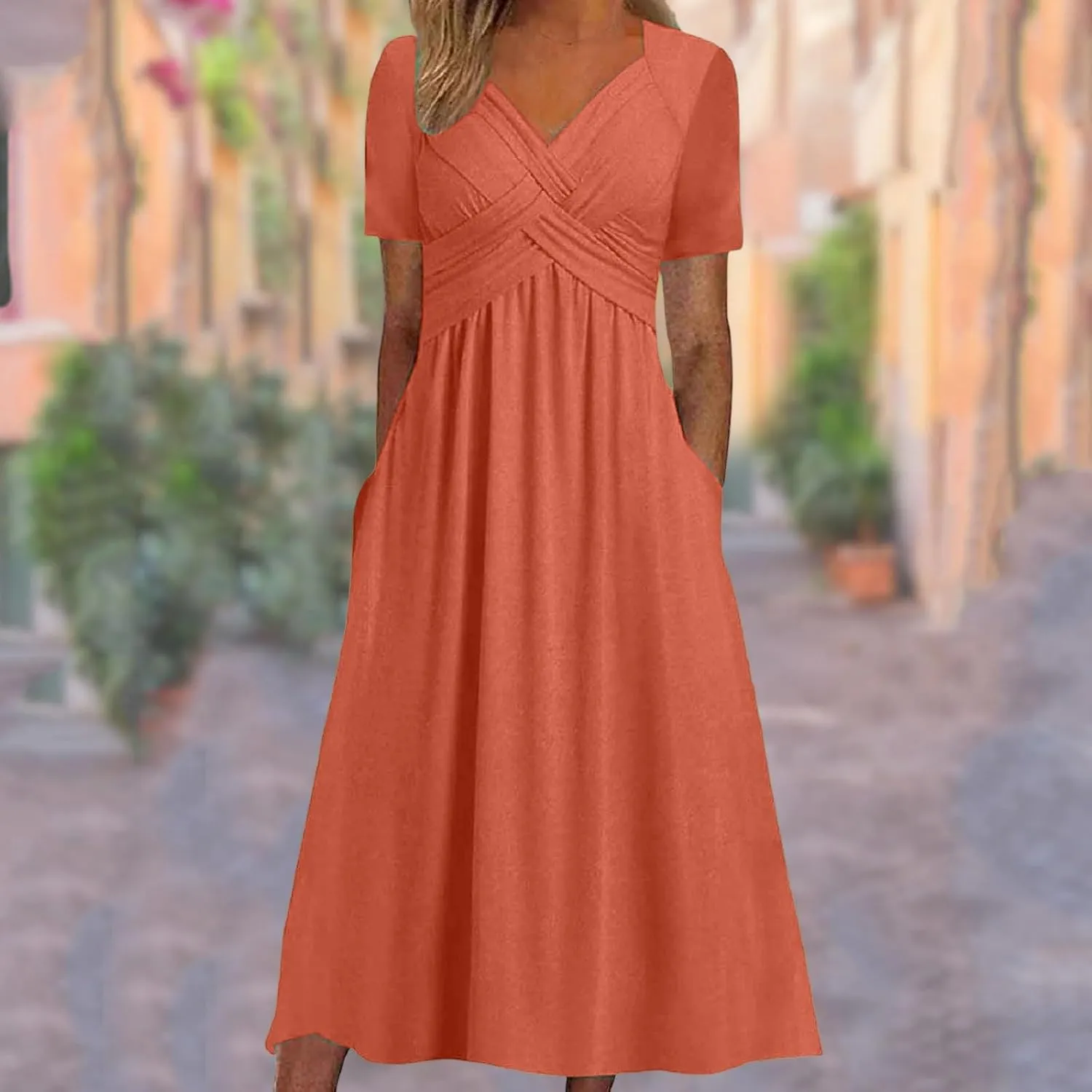 Women's A Line Midi Dress Short Sleeve V-Neck Flowy Casual Summer Dresses Beach Vacation Boho Dresses with Pockets
