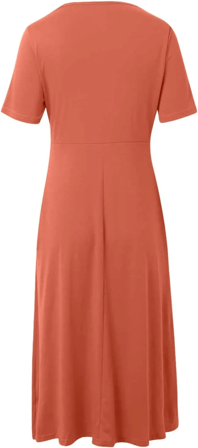 Women's A Line Midi Dress Short Sleeve V-Neck Flowy Casual Summer Dresses Beach Vacation Boho Dresses with Pockets