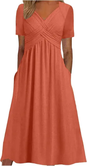 Women's A Line Midi Dress Short Sleeve V-Neck Flowy Casual Summer Dresses Beach Vacation Boho Dresses with Pockets