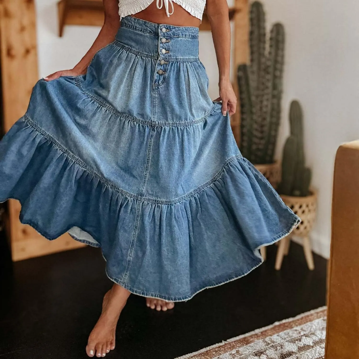 Womens Boho Denim Midi Skirt Retro High Waist Tiered Ruffle Swing A-Line Pleated Summer Beach Long Jean Skirt
