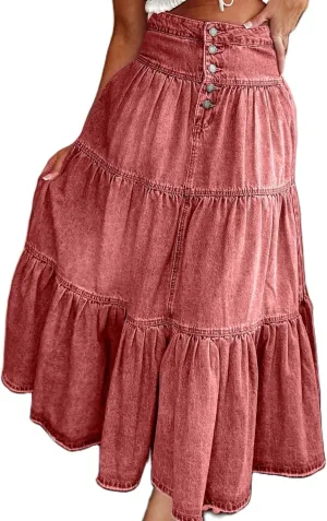 Womens Boho Denim Midi Skirt Retro High Waist Tiered Ruffle Swing A-Line Pleated Summer Beach Long Jean Skirt