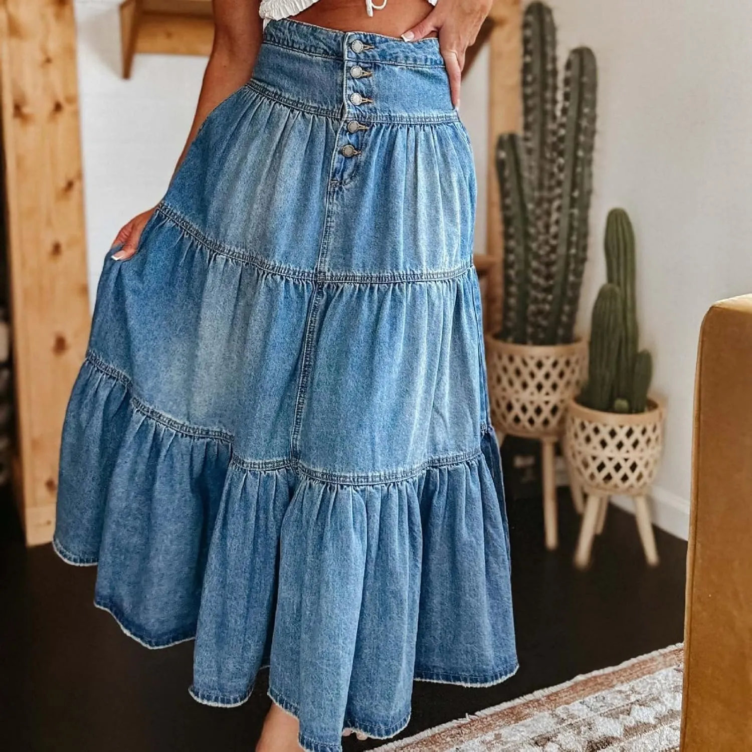 Womens Boho Denim Midi Skirt Retro High Waist Tiered Ruffle Swing A-Line Pleated Summer Beach Long Jean Skirt