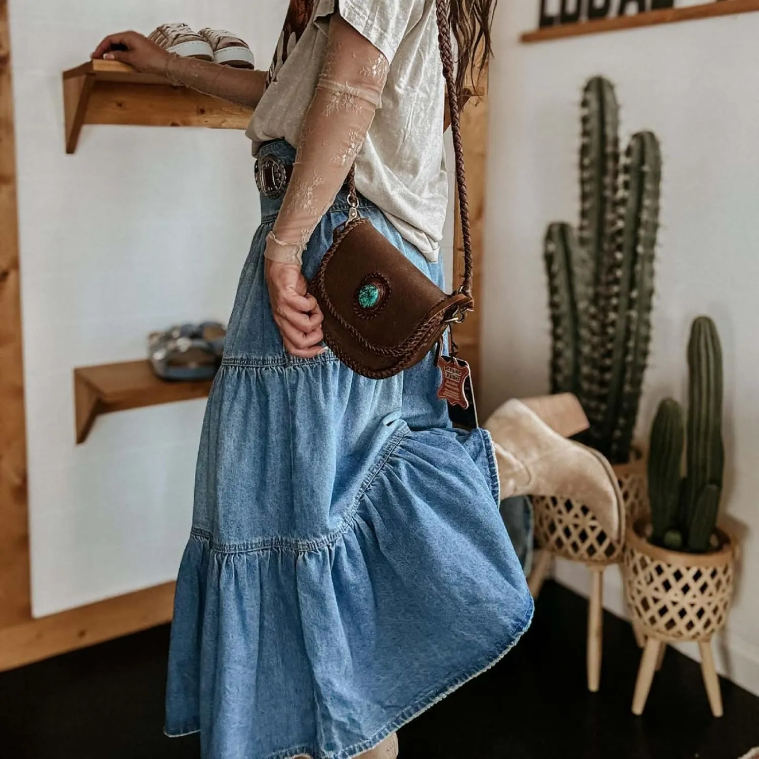 Womens Boho Denim Midi Skirt Retro High Waist Tiered Ruffle Swing A-Line Pleated Summer Beach Long Jean Skirt