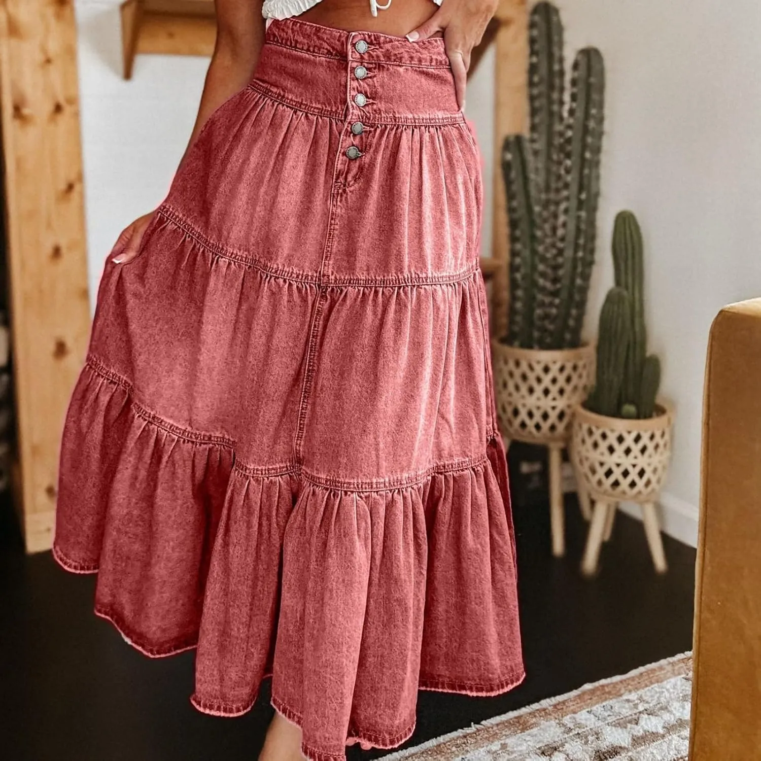 Womens Boho Denim Midi Skirt Retro High Waist Tiered Ruffle Swing A-Line Pleated Summer Beach Long Jean Skirt