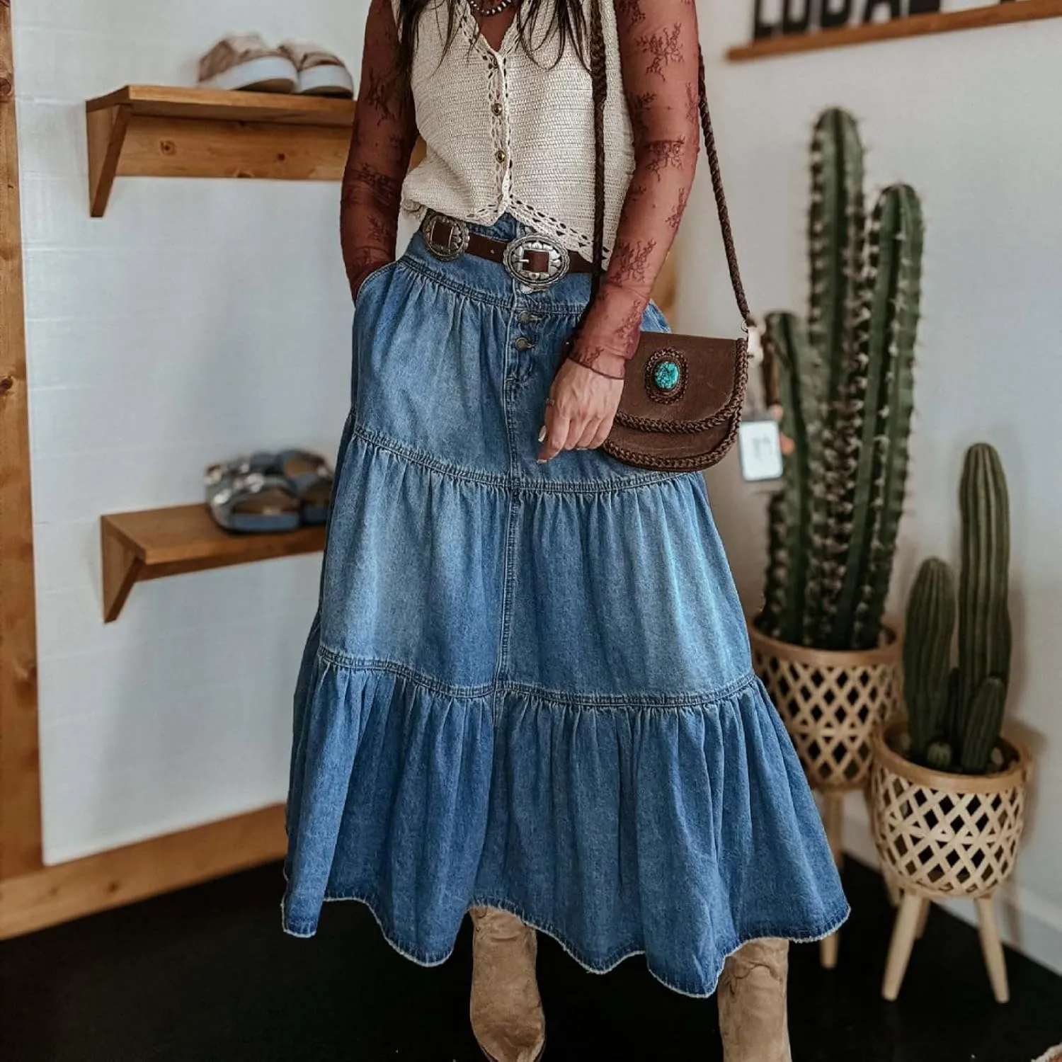 Womens Boho Denim Midi Skirt Retro High Waist Tiered Ruffle Swing A-Line Pleated Summer Beach Long Jean Skirt