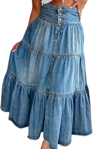 Womens Boho Denim Midi Skirt Retro High Waist Tiered Ruffle Swing A-Line Pleated Summer Beach Long Jean Skirt