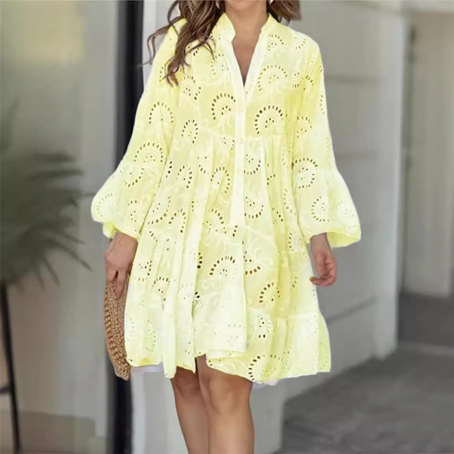 Womens Casual Spring Dresses Cute Long Sleeve Lace Mini Dresses Flowy Vacation Sundress Date Night Dresses Club Dress