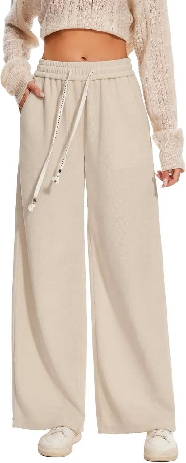 Women's Corduroy Loose Mid Rise Pant Casual Fall Straight Leg Elastic Waist Pants with Pockets