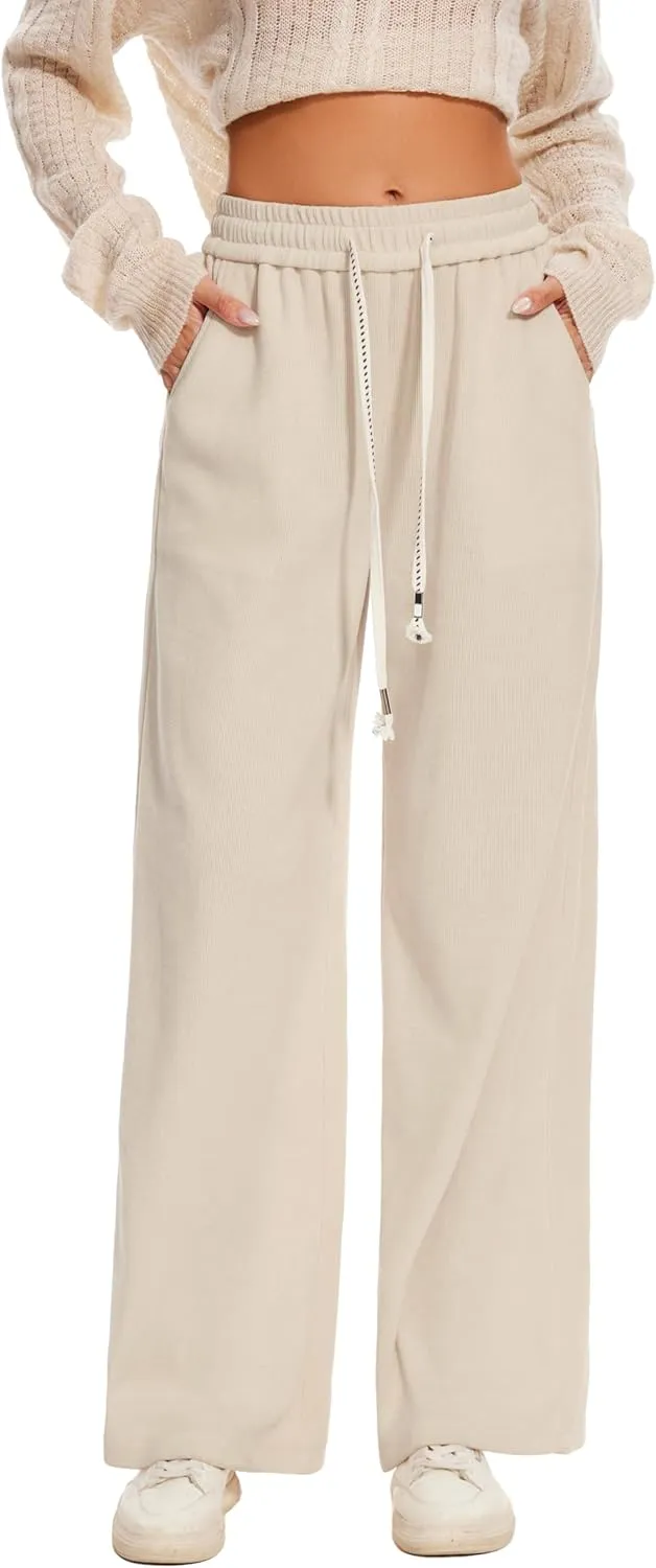 Women's Corduroy Loose Mid Rise Pant Casual Fall Straight Leg Elastic Waist Pants with Pockets