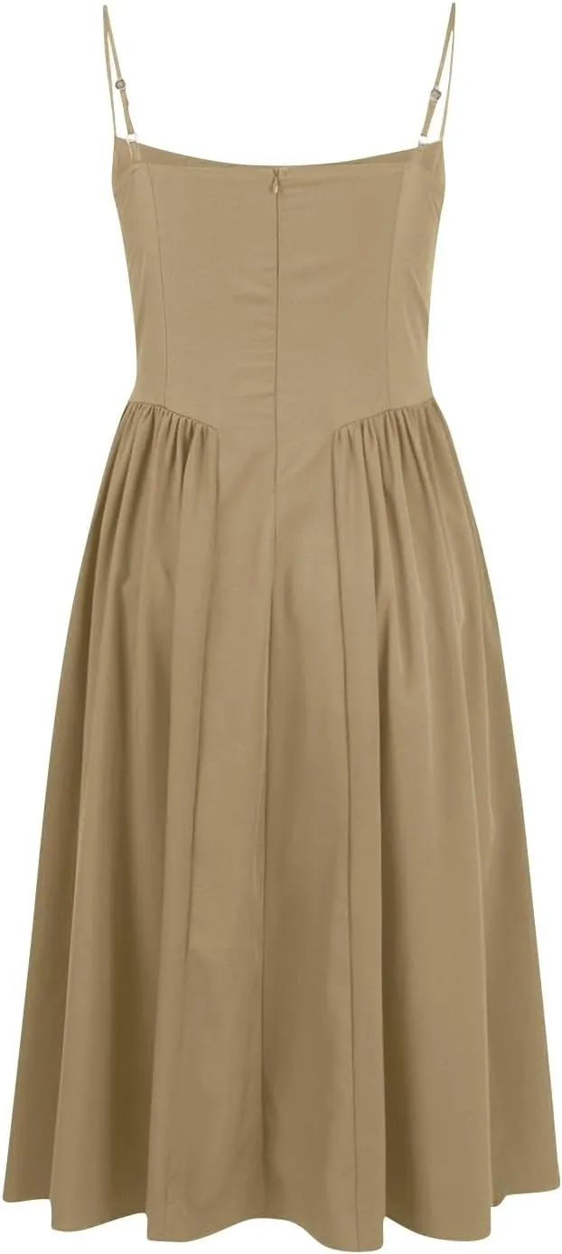 Womens Corset Dress Elegant Spaghetti Strap Bustier Midi Dresses Flowy Pleated Hem Low Cut Prom Skirts with Pockets