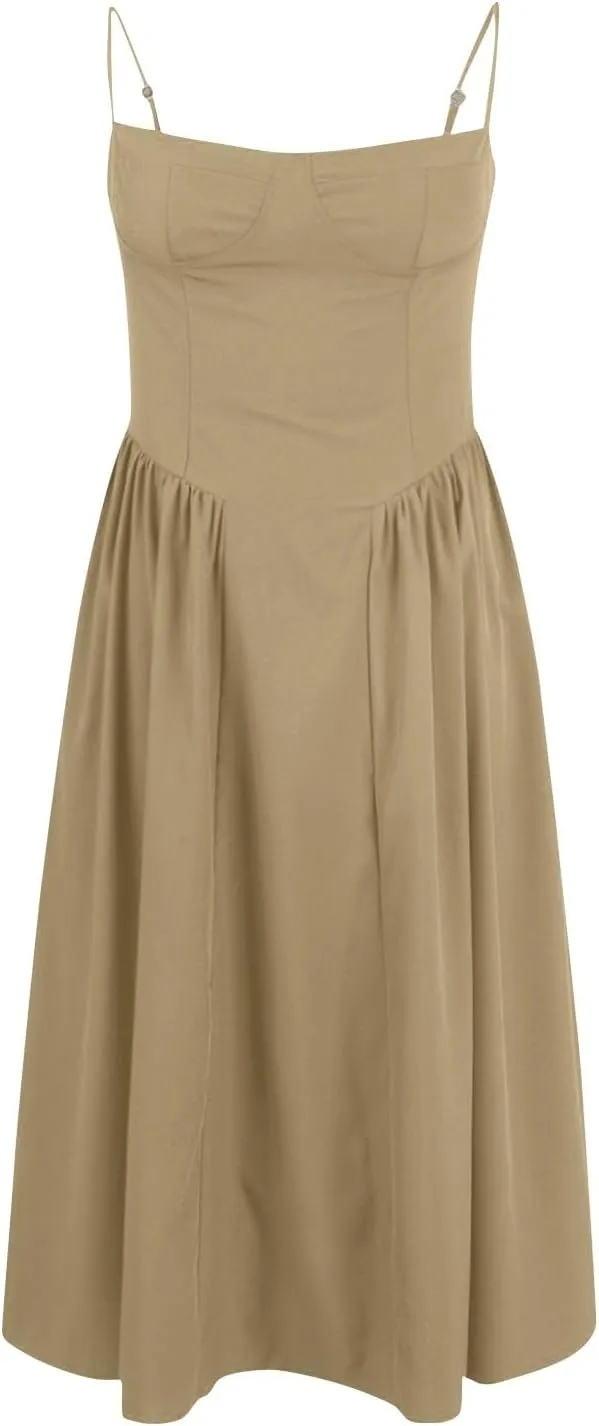 Womens Corset Dress Elegant Spaghetti Strap Bustier Midi Dresses Flowy Pleated Hem Low Cut Prom Skirts with Pockets