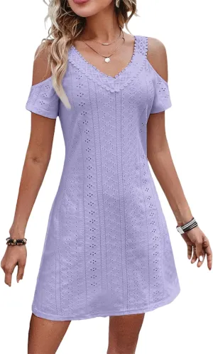 Womens Cute Summer Dresses Casual Short Sleeve V Neck Sundress Women Fashion Vacation Boho Dresses Mini Beach Dresses