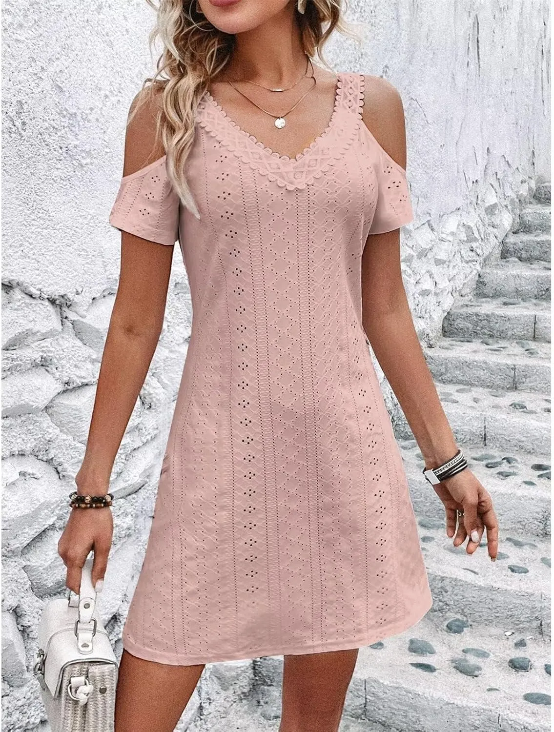 Womens Cute Summer Dresses Casual Short Sleeve V Neck Sundress Women Fashion Vacation Boho Dresses Mini Beach Dresses