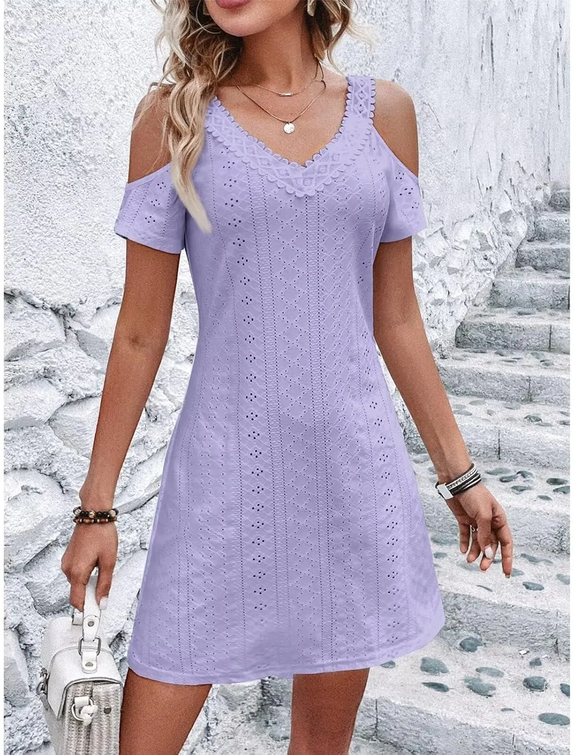 Womens Cute Summer Dresses Casual Short Sleeve V Neck Sundress Women Fashion Vacation Boho Dresses Mini Beach Dresses